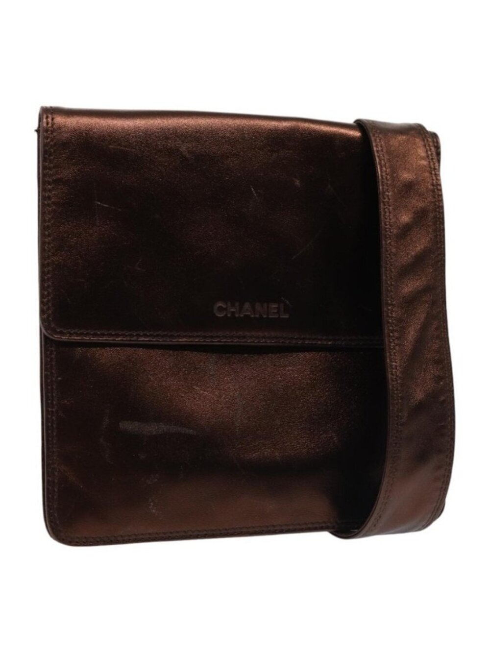 Authentic CHANEL Shoulder Bag Leather Bronze Gold CC